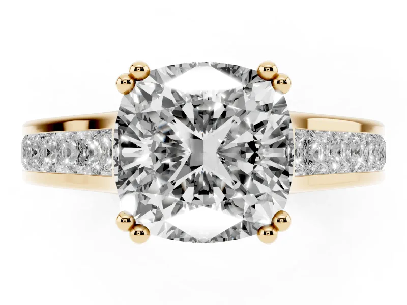 Cushion Cut Cathedral Channel Set Engagement Ring Setting | Double Claw Prongs | Yellow Gold