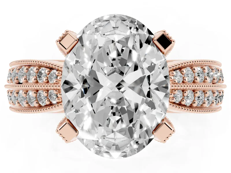 Oval Milgrain Solitaire Engagement Ring Setting | Graduated Double Row Pave | Rose Gold