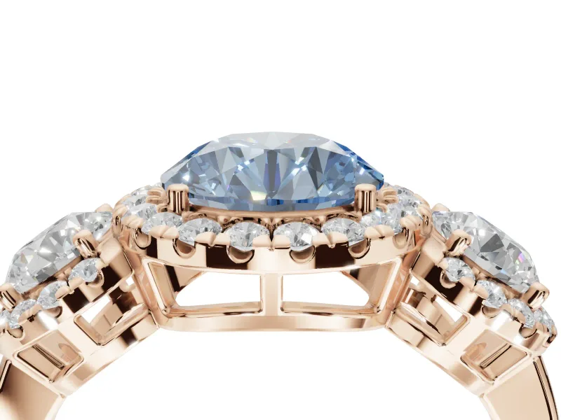 Round Three Stone Halo Engagement Ring Setting for a Fancy Blue Lab-Grown Diamond | Rose Gold