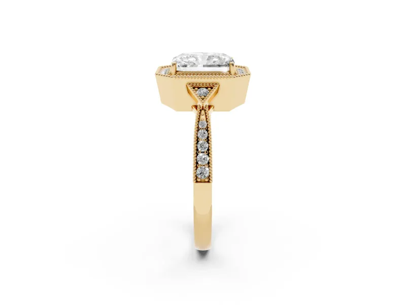 Radiant Cut Vintage Milgrain Halo Engagement Ring Setting | Graduated Pavé Band | Yellow Gold