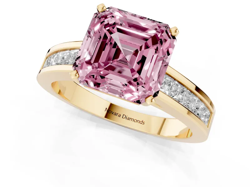 Fancy Pink Asscher Cut Diamond Solitaire Ring Set in Yellow gold with Channel-Set Band and Prong Setting