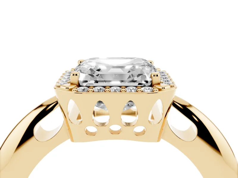 Asscher Cut Diamond Halo Engagement Ring Set in Yellow gold with Plain Split Shank and Prong Setting