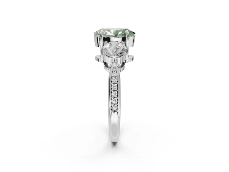 Oval Three Stone Engagement Ring Setting for a Fancy Green Lab-Grown Diamond | Tapered Pave Band | Platinum