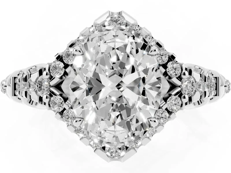Oval Hidden Halo Filigree Engagement Ring Setting | Pavé Shoulders | White Gold