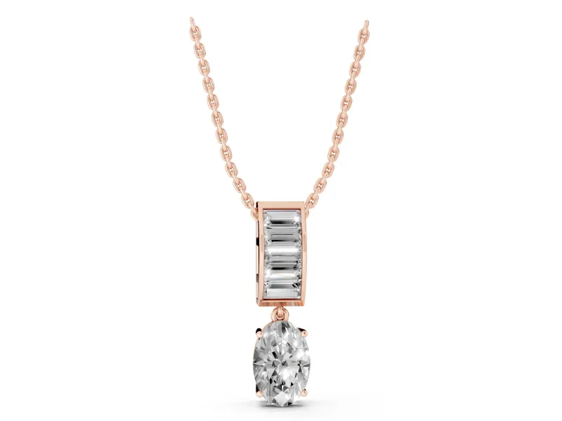 Oval and Baguette Lab-Grown Diamond Drop Pendant Necklace | Channel-Set Bail | Rose Gold