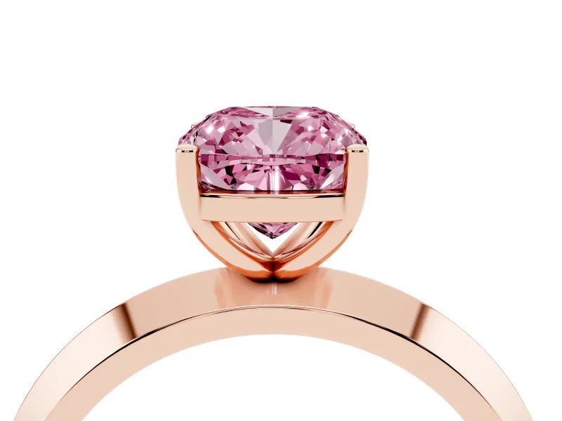Fancy Pink Cushion Cut Diamond Solitaire Engagement Ring Set in Rose gold with Flat Band and Prong Setting
