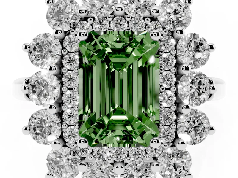 Emerald Cut Floral Halo Engagement Ring Setting for a Fancy Green Lab-Grown Diamond | Plain Band | Sterling Silver