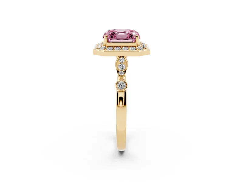 Asscher Cut Halo Engagement Ring Setting for a Fancy Pink Lab-Grown Diamond | Bezel Station Shoulders | Yellow Gold