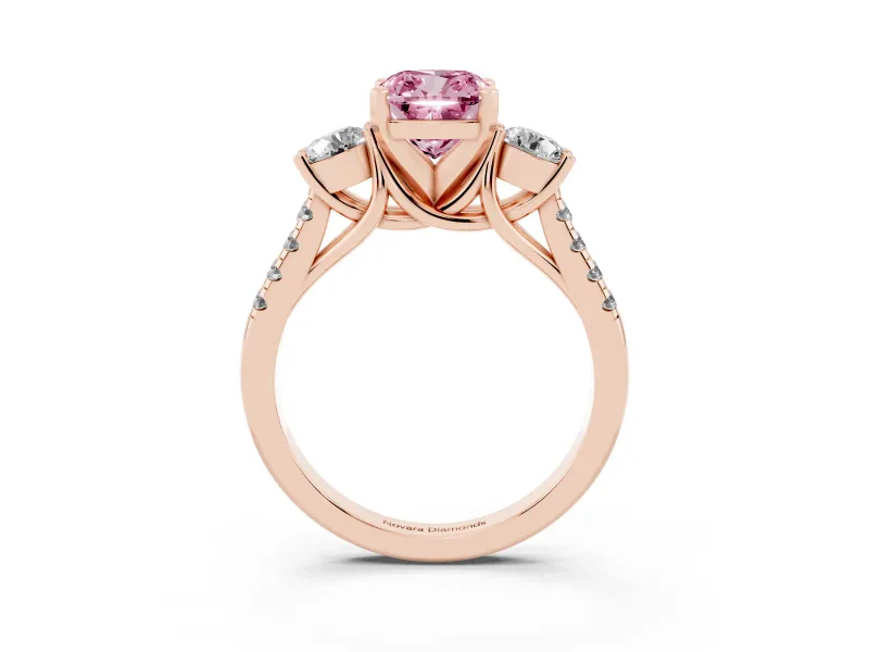 Cushion Cut Three-Stone Engagement Ring Setting for a Fancy Pink Lab-Grown Diamond | Rose Gold