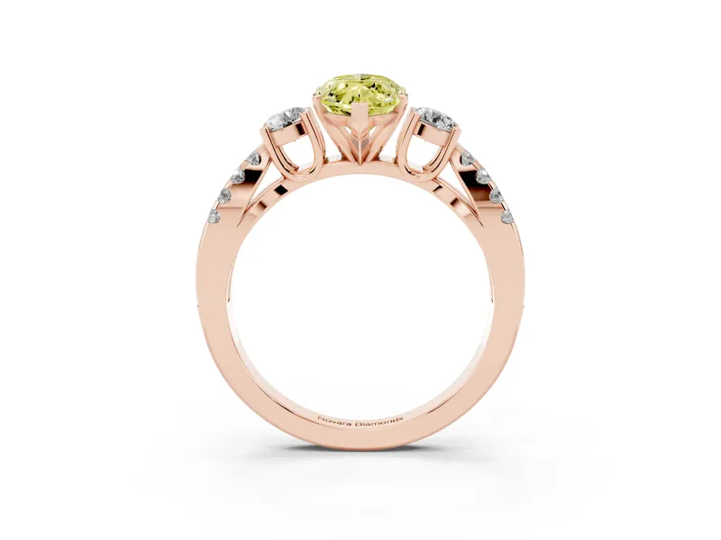 Fancy Yellow Marquise Cut Diamond Three-Stone Ring Set in Rose gold with Pavé Split Shank and Prong Setting