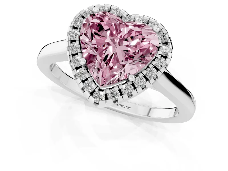 Fancy Pink Heart Cut Halo Round Diamond Solitaire Ring Set in Silver with Pavé Band and Prong Setting