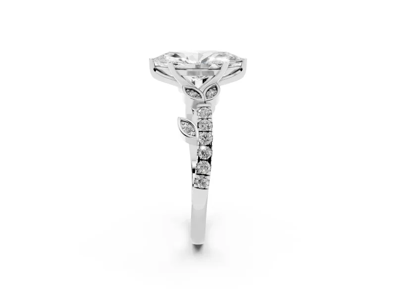 Marquise Cut Diamond Solitaire Leaf-Inspired Ring Set in White gold with Pavé Band and Prong Setting