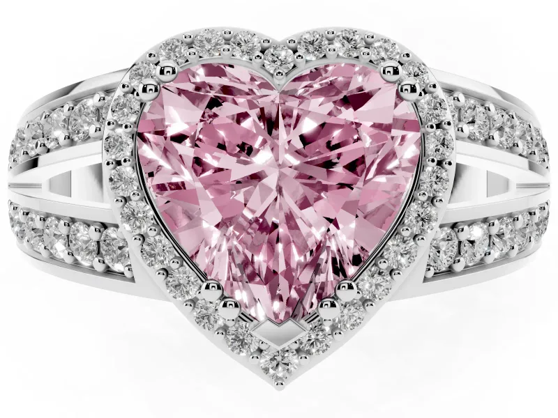Fancy Pink Heart Cut Diamond Halo Ring Set in White gold with Double Pavé Split Shank