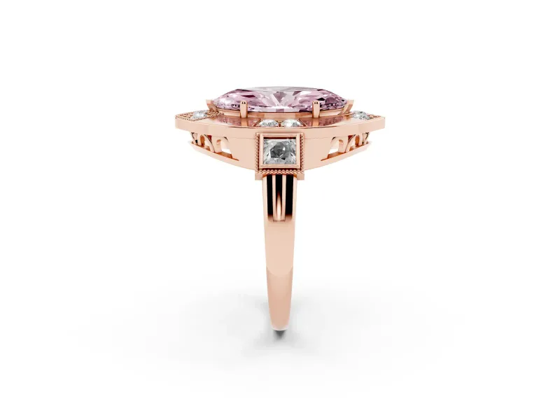 Fancy Pink Marquise Cut Diamond Milgrain Halo Ring Set in Rose gold with Split Shank