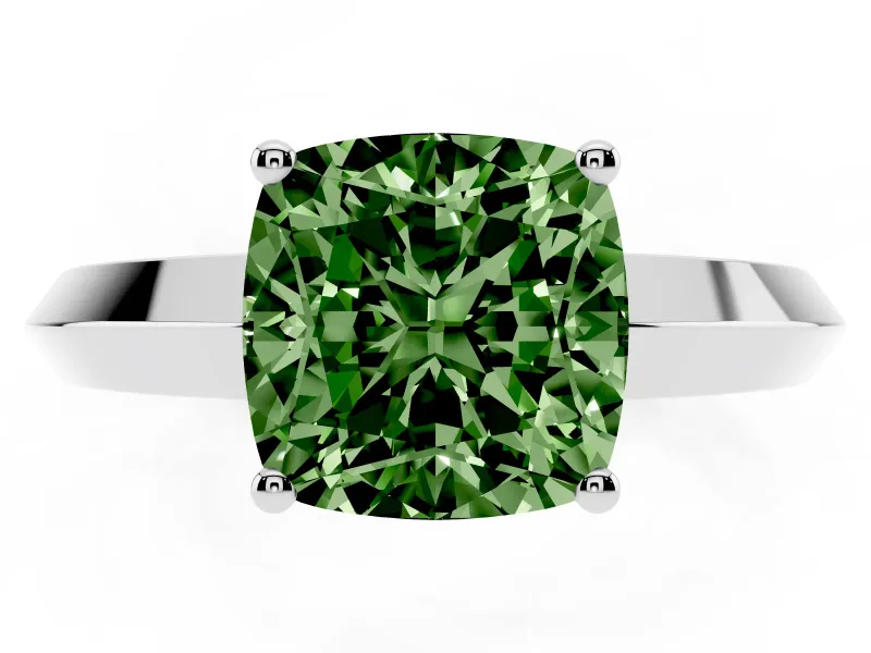 Fancy Green Cushion Cut Diamond Solitaire Engagement Ring Set in White gold with Flat Band and Prong Setting