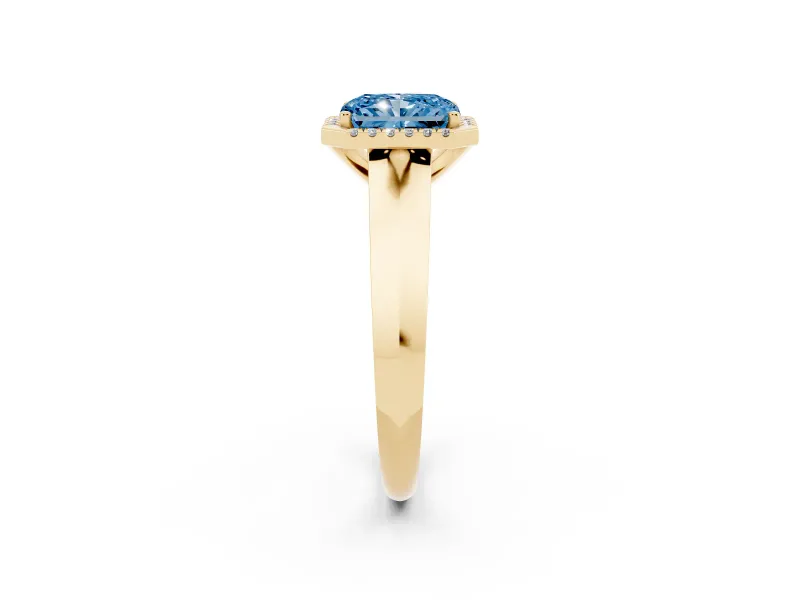 Fancy Blue Radiant Cut Diamond Halo Ring Set in Yellow gold with Cathedral Band and Prong Setting