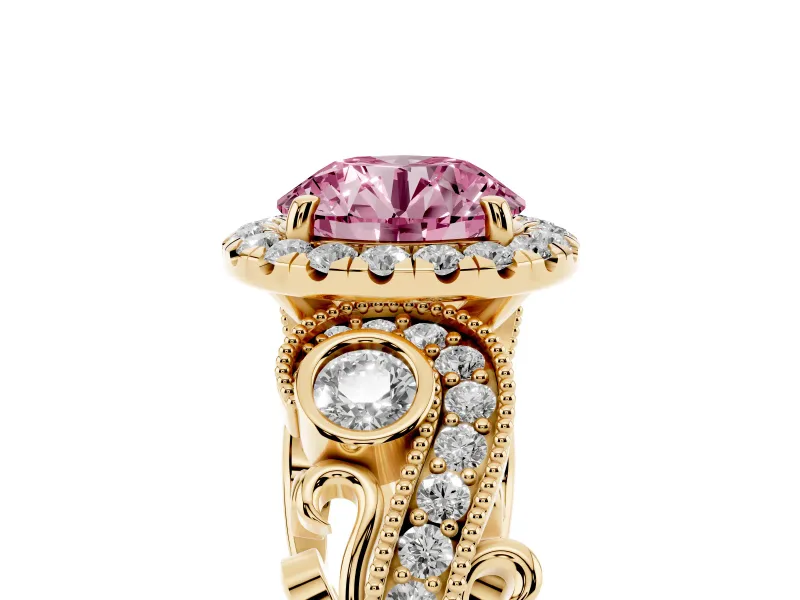 Round Vintage Halo Engagement Ring Setting for a Fancy Pink Lab-Grown Diamond | Yellow Gold