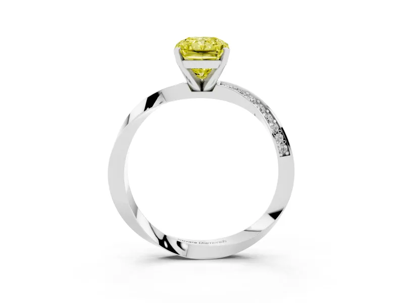Fancy Yellow Radiant Cut Diamond Engagement Ring Set in White gold with Side Stone Accents and Prong Setting