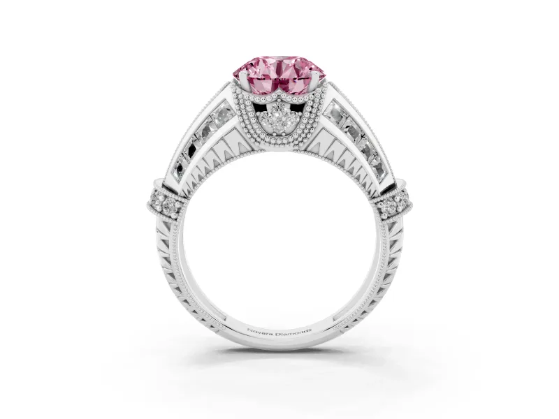 Fancy Pink Round Cut Diamond Vintage-Inspired Milgrain Ring Set in Silver with Accent Split Shank