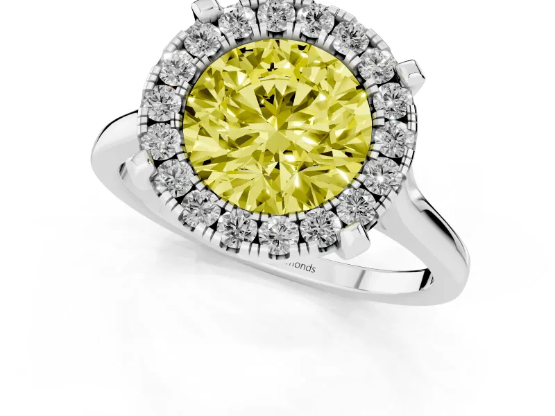 Round Claw Corner Halo Engagement Ring Setting for a Fancy Yellow Lab-Grown Diamond | Slim Plain Band | Sterling Silver