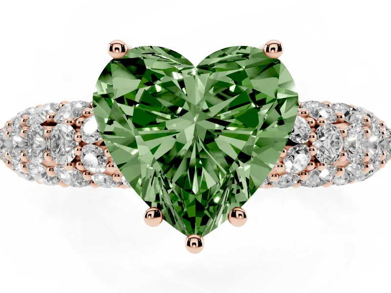 Heart-Shaped Multi Row Pave Engagement Ring Setting for a Fancy Green Lab-Grown Diamond | Rose Gold