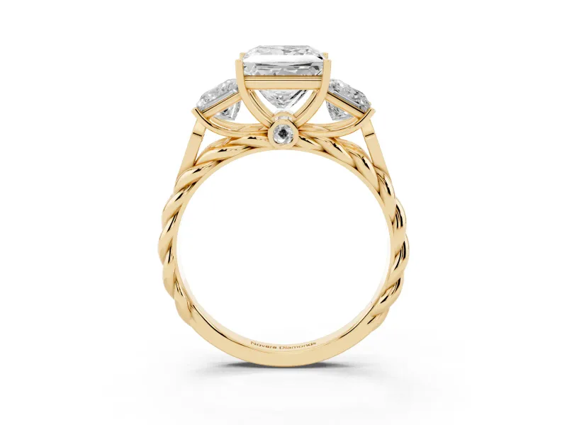Princess Cut Diamond Three-Stone Ring Set in Yellow gold with Braided Band