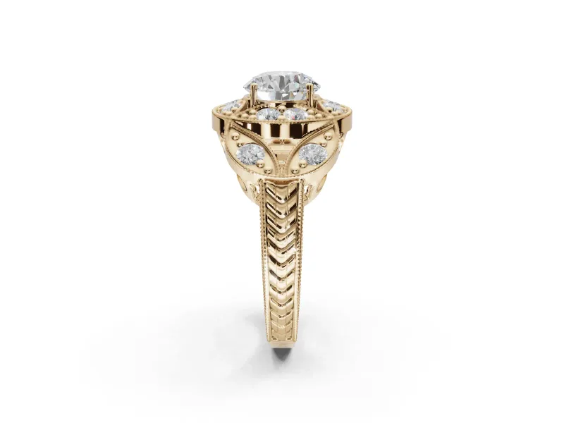 Round Vintage Floral Halo Engagement Ring Setting | Engraved Milgrain Band | Yellow Gold