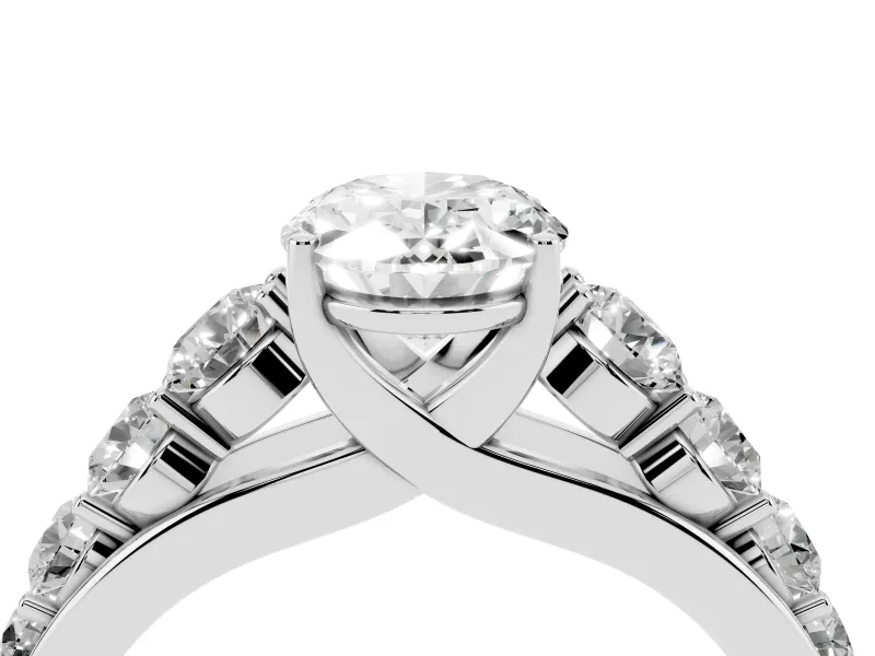 Oval Cut Diamond Solitaire Ring Set in Platinum with Pavé-Set Band and Prong Setting
