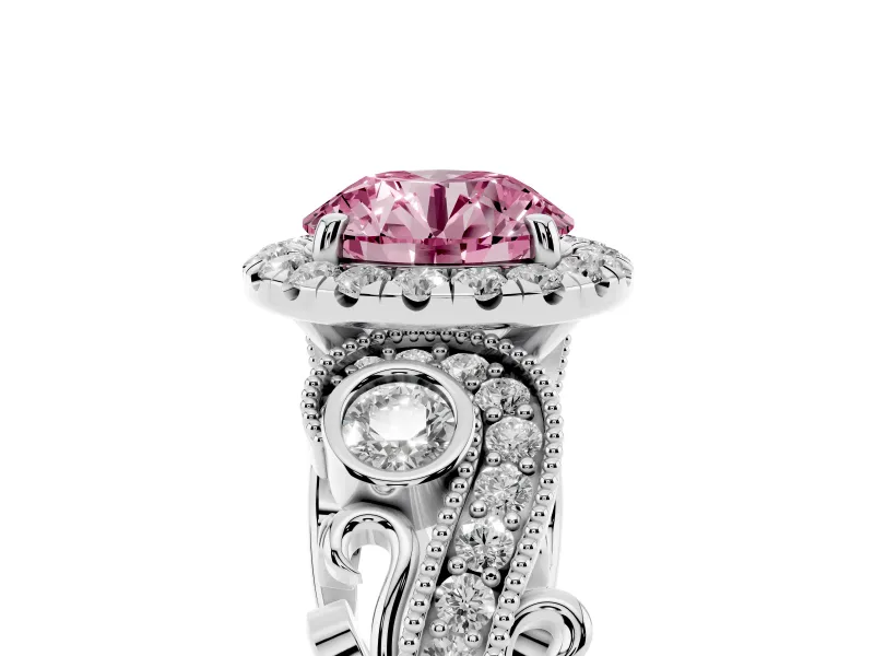 Fancy Pink Round Cut Diamond Halo Ring Set in White gold with Milgrain Pavé Band and Prong Setting