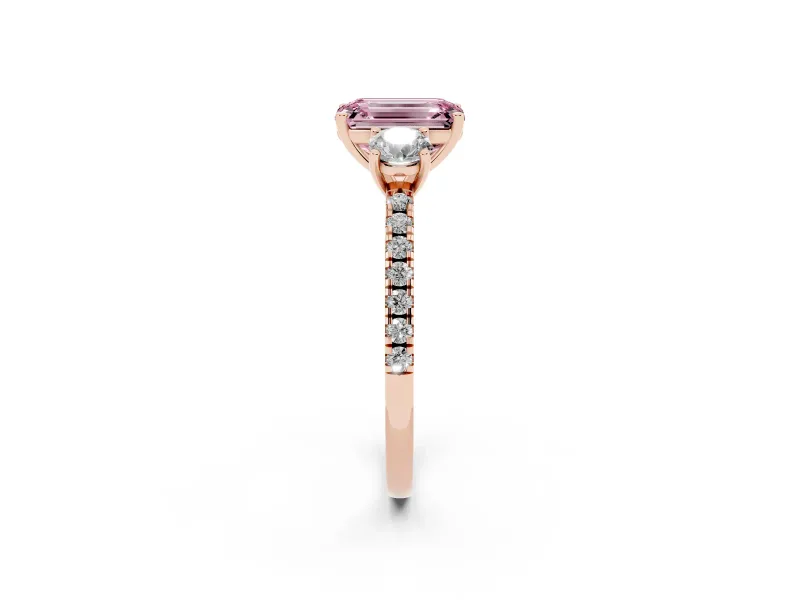 Emerald Cut Three Stone Engagement Ring Setting for a Fancy Pink Lab-Grown Diamond | Pave Shoulders | Rose Gold