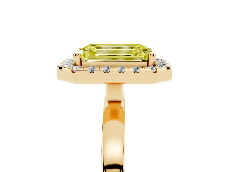 Emerald Cut Thin Halo Engagement Ring Setting for a Fancy Yellow Lab-Grown Diamond | Plain Polished Band | Yellow Gold