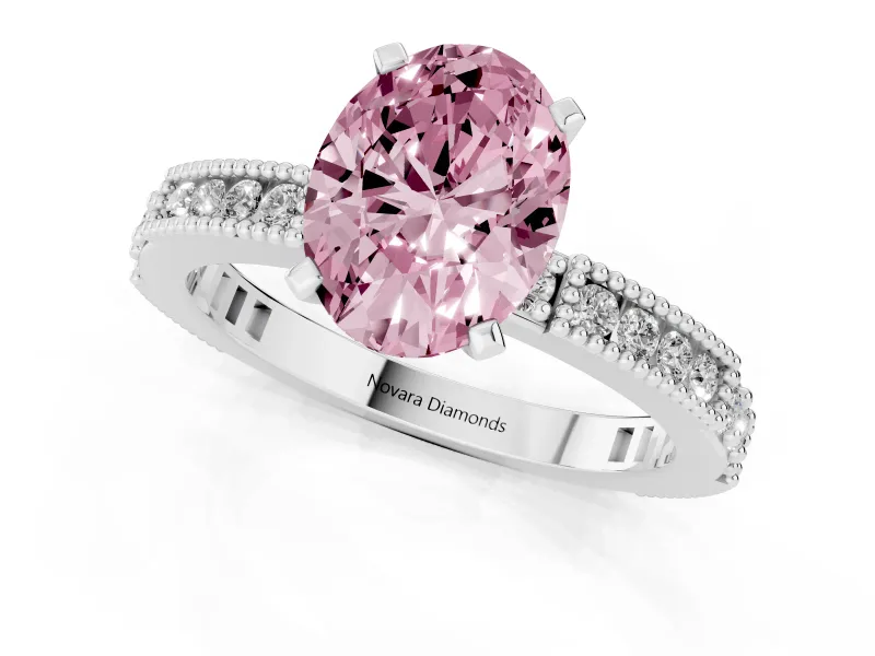 Oval Vintage Pavé Engagement Ring Setting for a Fancy Pink Lab-Grown Diamond | White Gold