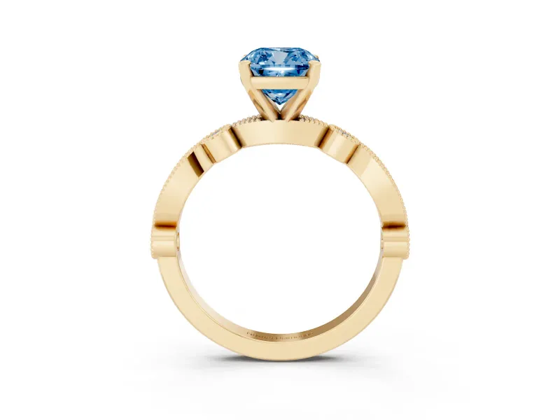 Fancy Blue Cushion Cut Diamond Solitaire Engagement Ring Set in Yellow gold with Milgrain Bezel Accent Band