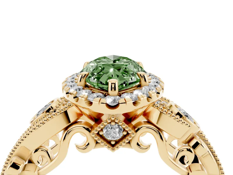 Fancy Green Marquise Cut Diamond Halo Ring Set in Yellow gold with Milgrain Pavé Band and Prong Setting