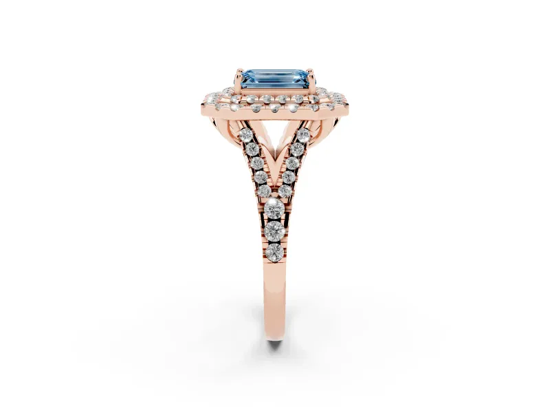 Emerald Cut Halo Split Shank Engagement Ring Setting for a Fancy Blue Lab-Grown Diamond | Pavé Strands | Rose Gold