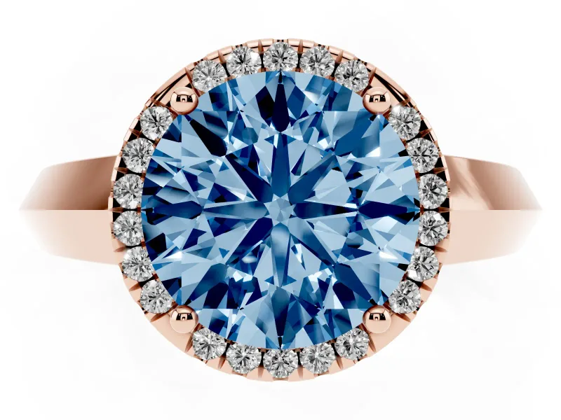 Fancy Blue Round Cut Diamond Halo Ring Set in Rose gold with Cathedral Band and Prong Setting