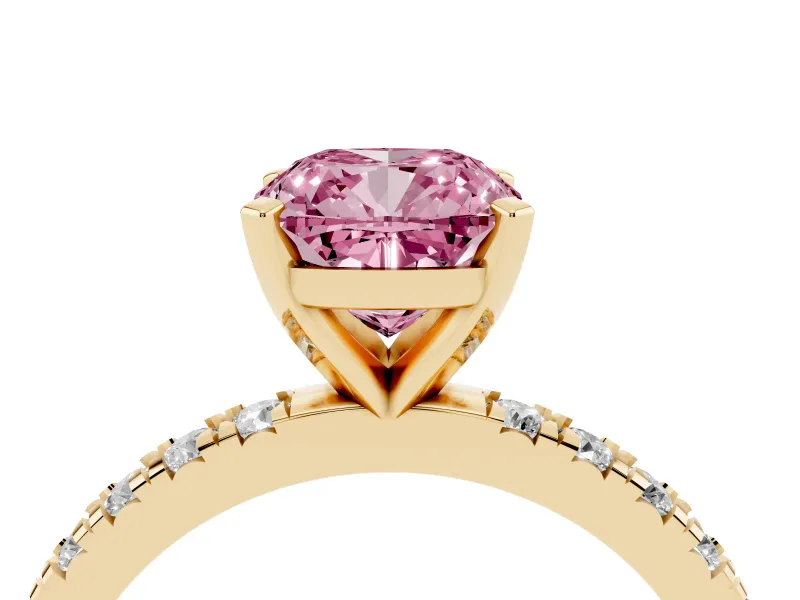Cushion Cut Pavé Solitaire Engagement Ring Setting for a Fancy Pink Lab-Grown Diamond | Yellow Gold