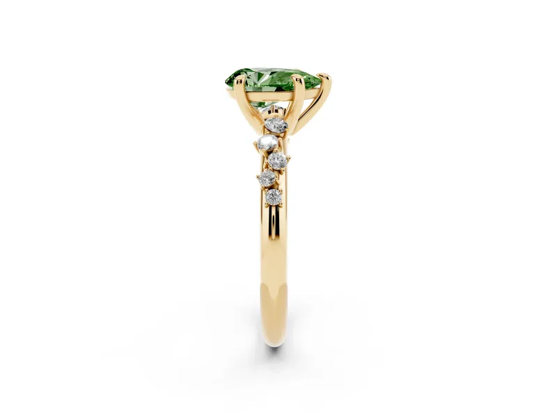 Fancy Green Pear Cut Diamond Solitaire Vine Band Ring Set in Yellow gold with Round Accents and Prong Setting