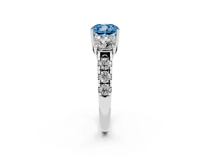 Fancy Blue Cushion Cut Diamond Three-Stone Ring Set in Platinum with Pavé Band