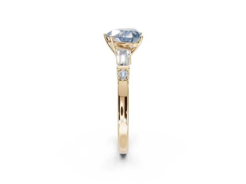 Heart-Shaped Tapered Baguette Engagement Ring Setting for a Fancy Blue Lab-Grown Diamond | Bar Set Sides | Yellow Gold