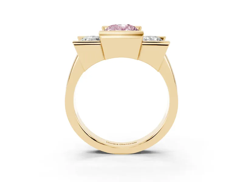 Fancy Pink Oval Cut Diamond Three-Stone Channel Set Ring Set in Yellow gold with Smooth Polished Band