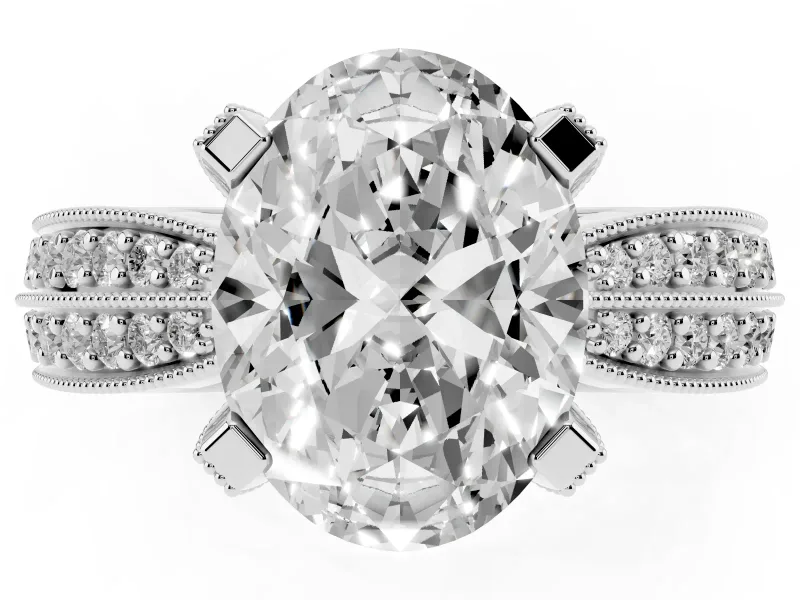 Oval Milgrain Solitaire Engagement Ring Setting | Graduated Double Row Pave | White Gold