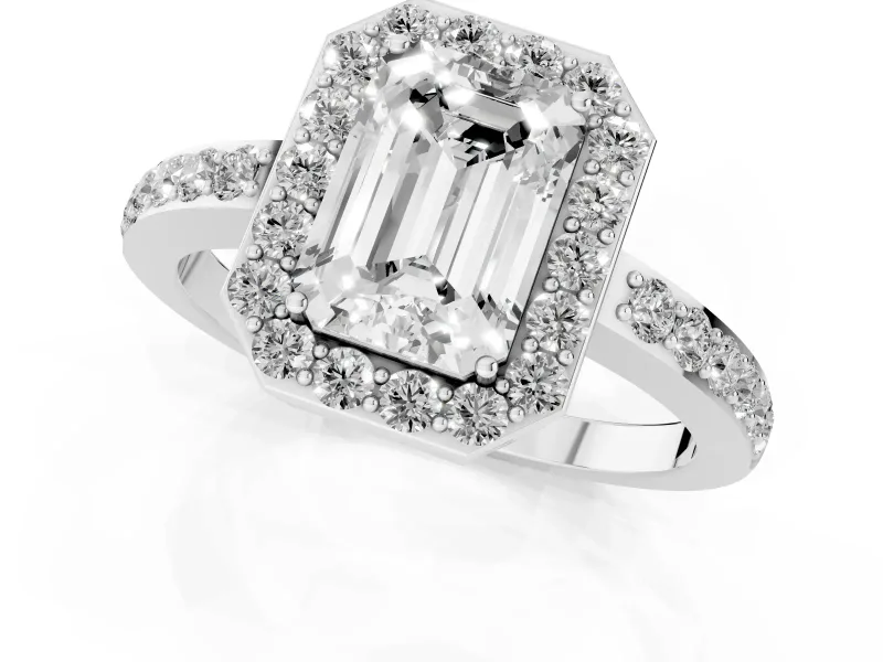 Emerald Cut Diamond Halo Ring Set in Platinum with Pavé-Setting Band and Open Prong Center