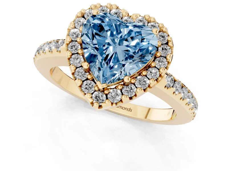 Heart-Shaped Pave Halo Engagement Ring Setting for a Fancy Blue Lab-Grown Diamond | Pave Band | Yellow Gold
