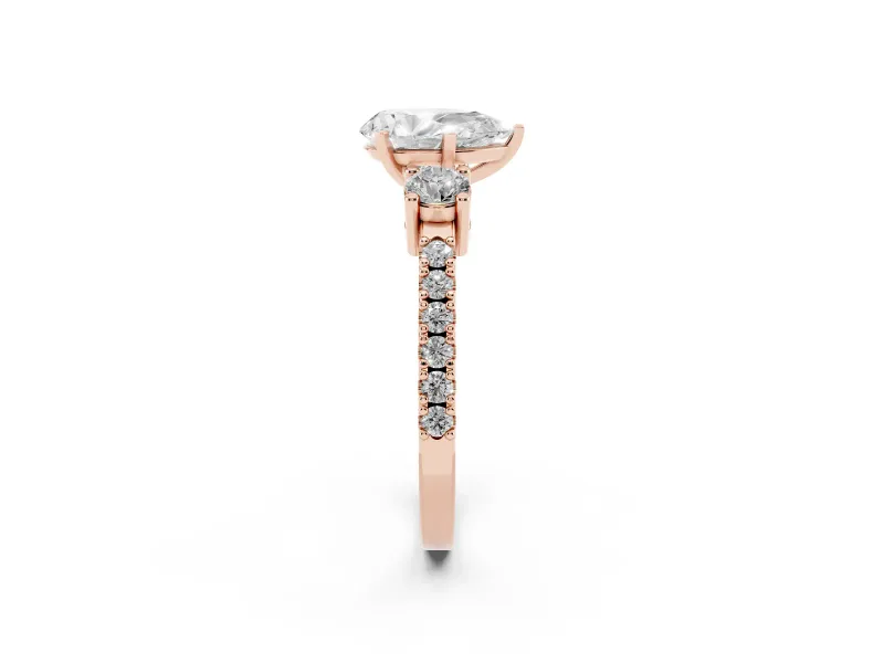 Three-Stone Pear Cut Diamond Pavé Band Ring Set in Rose gold with Prong Setting