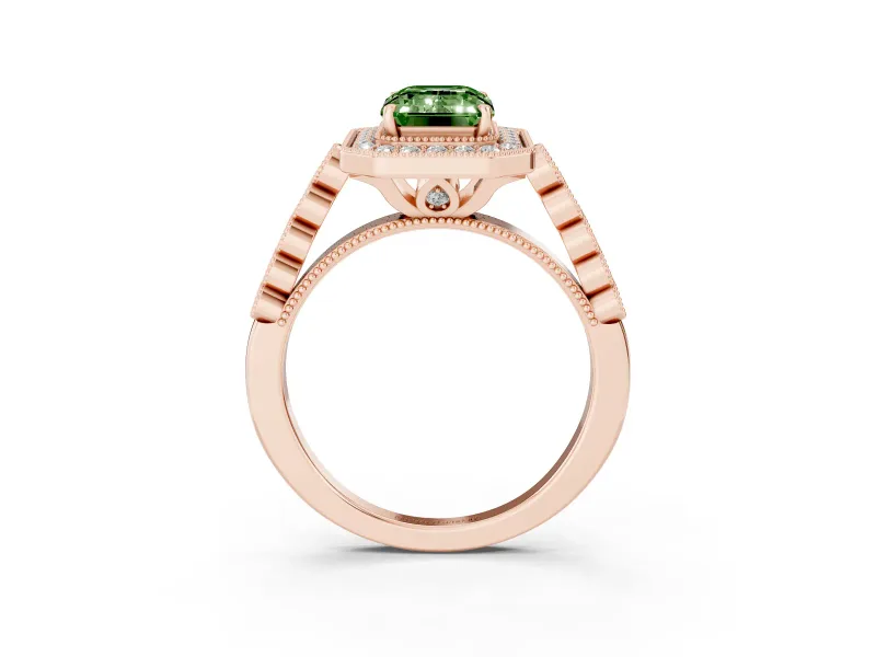 Emerald Cut Graduated Milgrain Halo Engagement Ring Setting for a Fancy Green Lab-Grown Diamond | Rose Gold