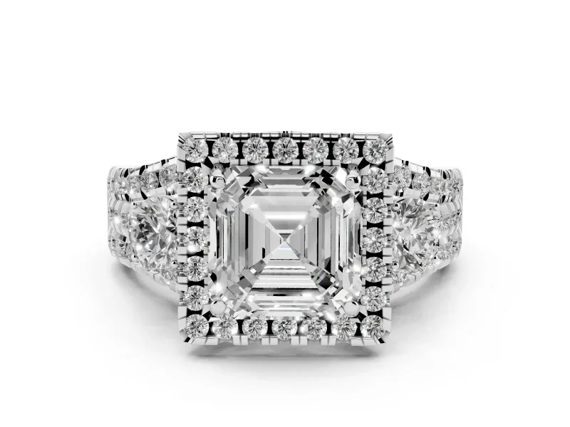 Asscher Cut Diamond Halo Split Shank Ring Set in Platinum with Round Accent Stones and Prong Setting