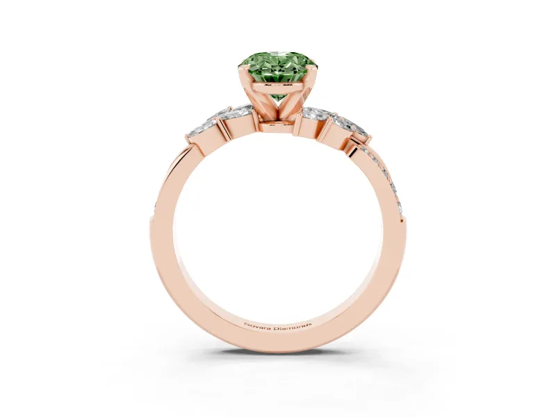 Fancy Green Oval Cut Diamond Solitaire Ring Set in Rose gold with Marquise Twist Band and Prong Setting