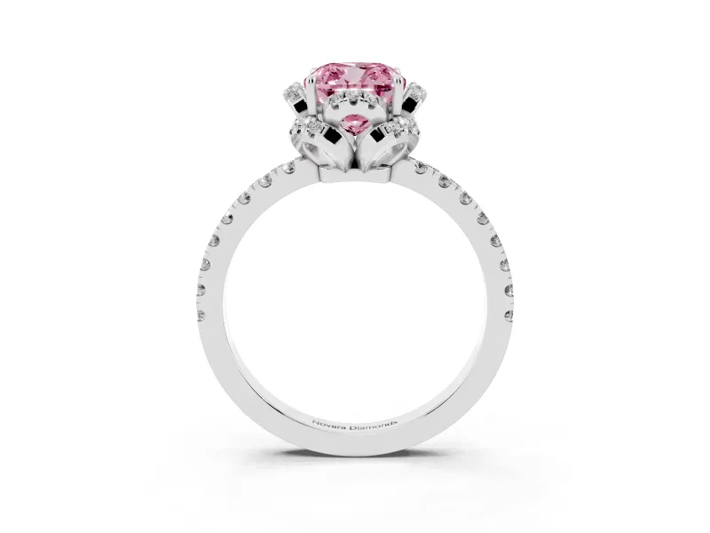 Fancy Pink Cushion Cut Diamond Halo Pavé Band Ring Set in White gold with Prong-Held Center