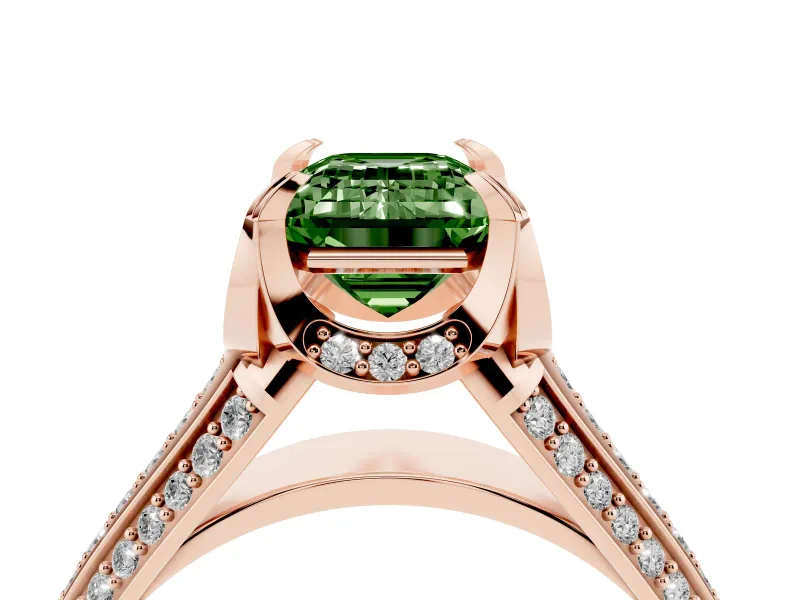 Fancy Green Emerald Cut Diamond Pavé Split Shank Solitaire Ring Set in Rose gold with Prong Setting